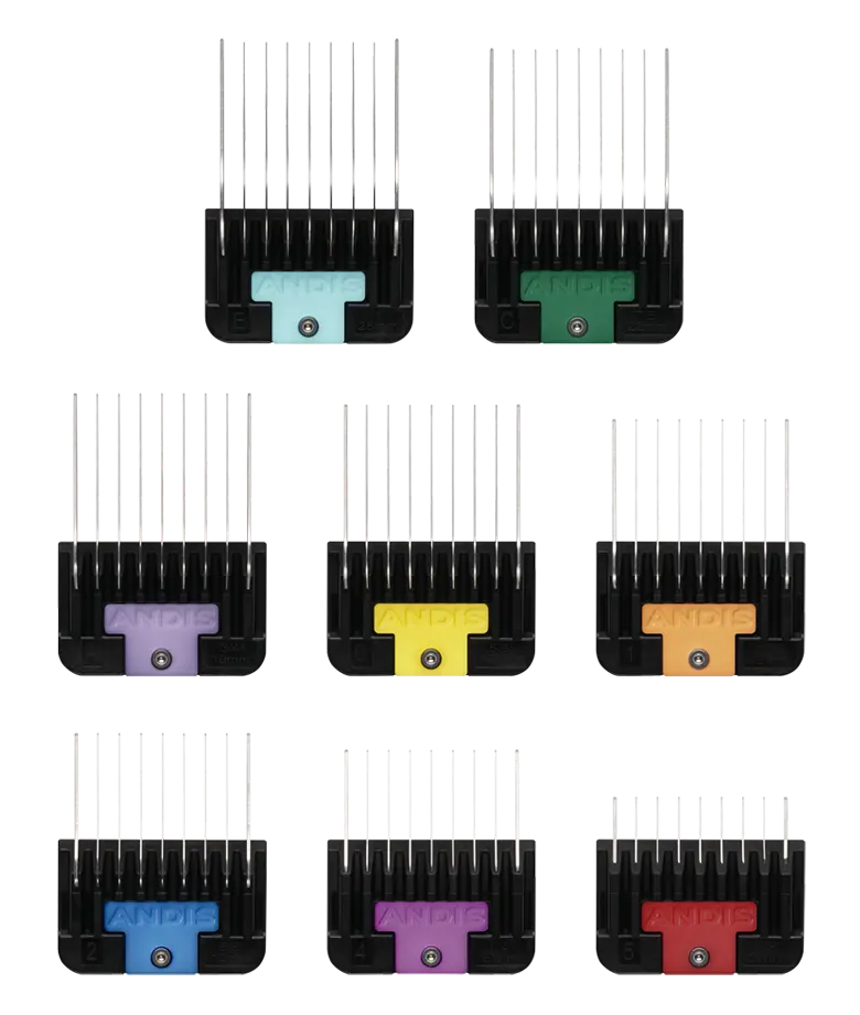 Juego de 8 piezas de acero inoxidable con resorte y revestimiento de color de ANDIS. Tamaños: 1⁄8", 1⁄4", 3⁄8", 1⁄2", 5⁄8", 3⁄4", 7⁄8", 1". Paquete principal de 6