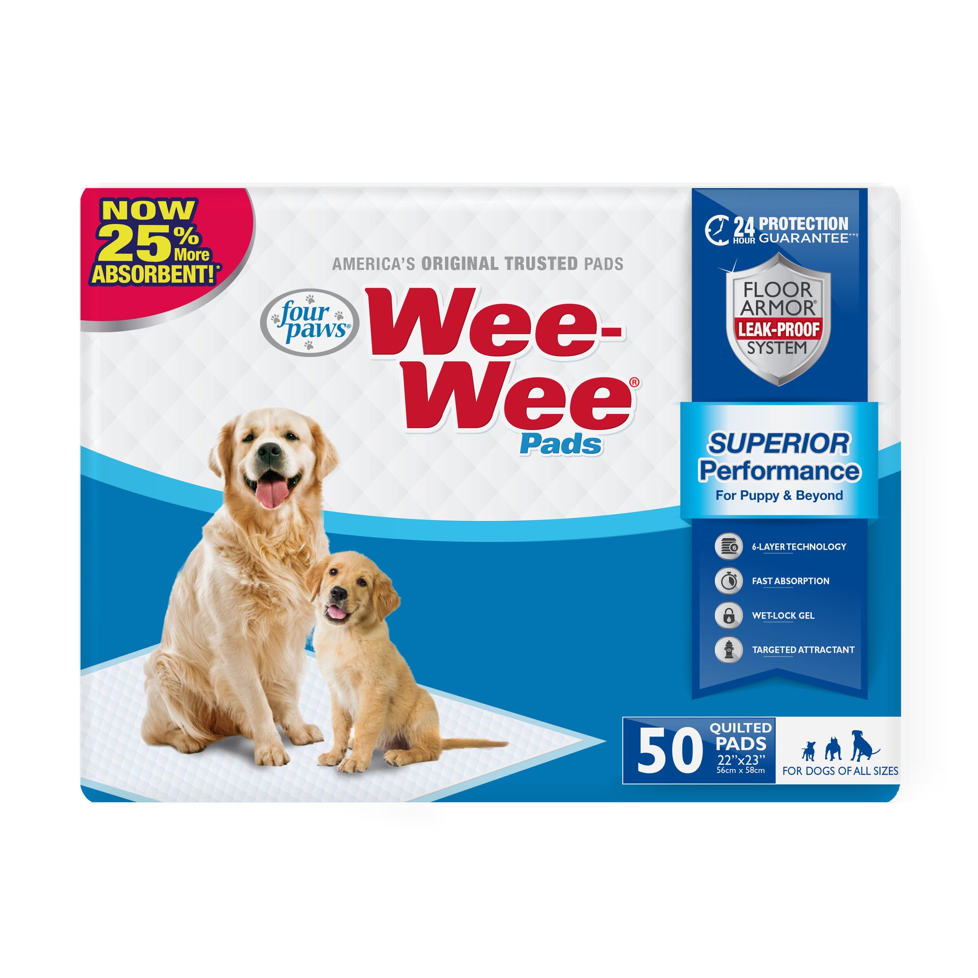 Four Paws: 100546538 Wee-Wee Pads for dog  Superior Performance for dog , 50 Count. 22" x 23". Master Pack: 6 ea. Made in China/Cambodia