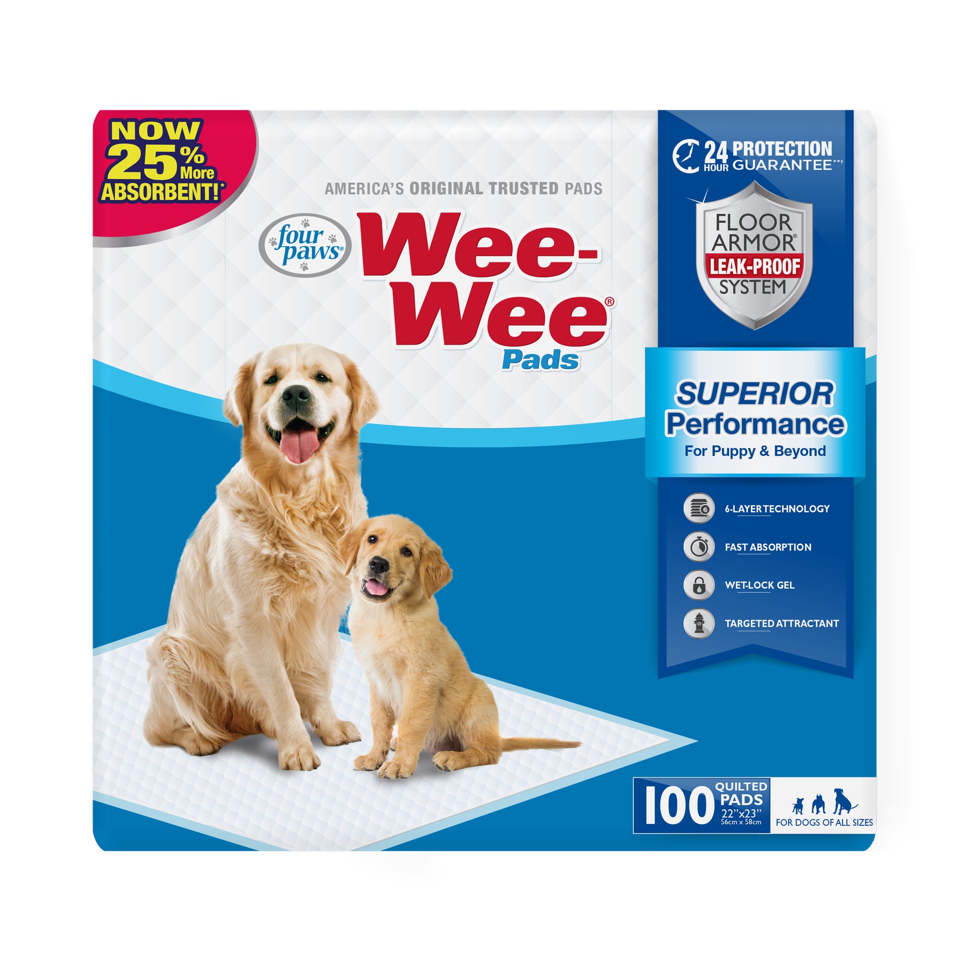 Four Paws: 100546903 Wee-Wee Pads for dog  Superior Performance for dog , 100 Count Box 22" x 23" Master Pack: 1 ea. Made in: China/Cambodia