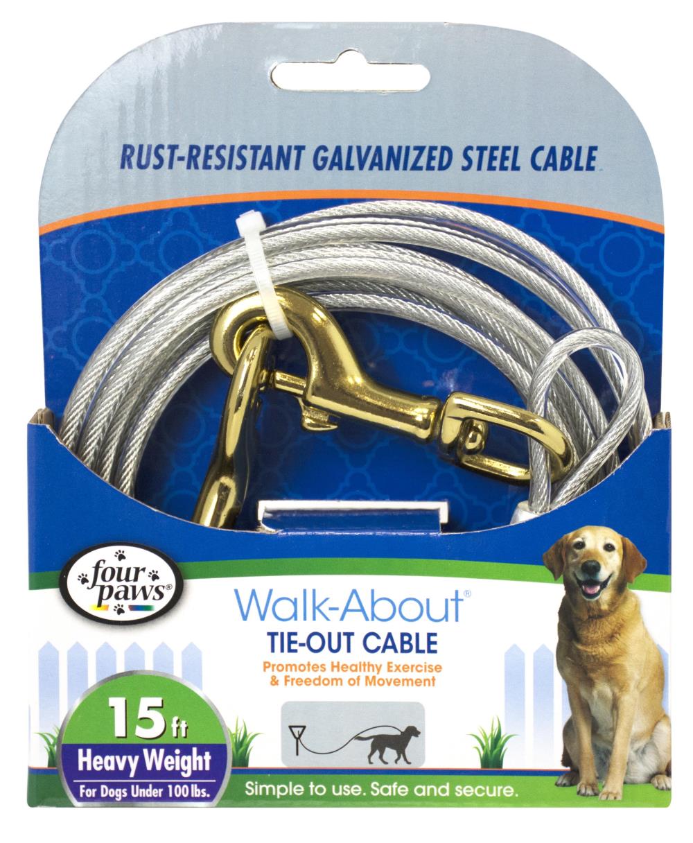 Four Paws: 100203838 Cable de amarre pesado Walk-About, plateado - para perros de menos de 45 kg (100 lb) 4,5 m (15 pies). Paquete principal: 12 unidades. Fabricado en: China/Camboya.
