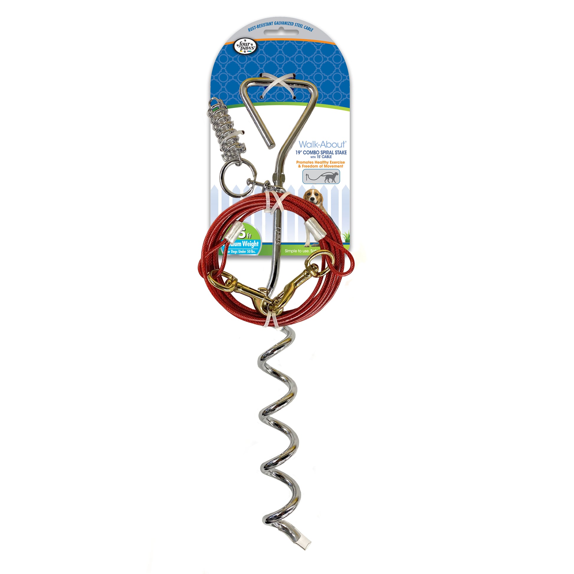 045663955007_FourPaws_FourPawsWalkAboutTie-OutDogSpiralStakeSilver15FootCable_InPackageFront