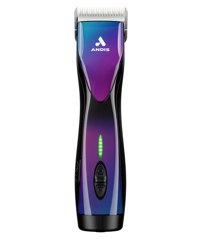 Andis hair trimmer with purple and blue gradient on a white background