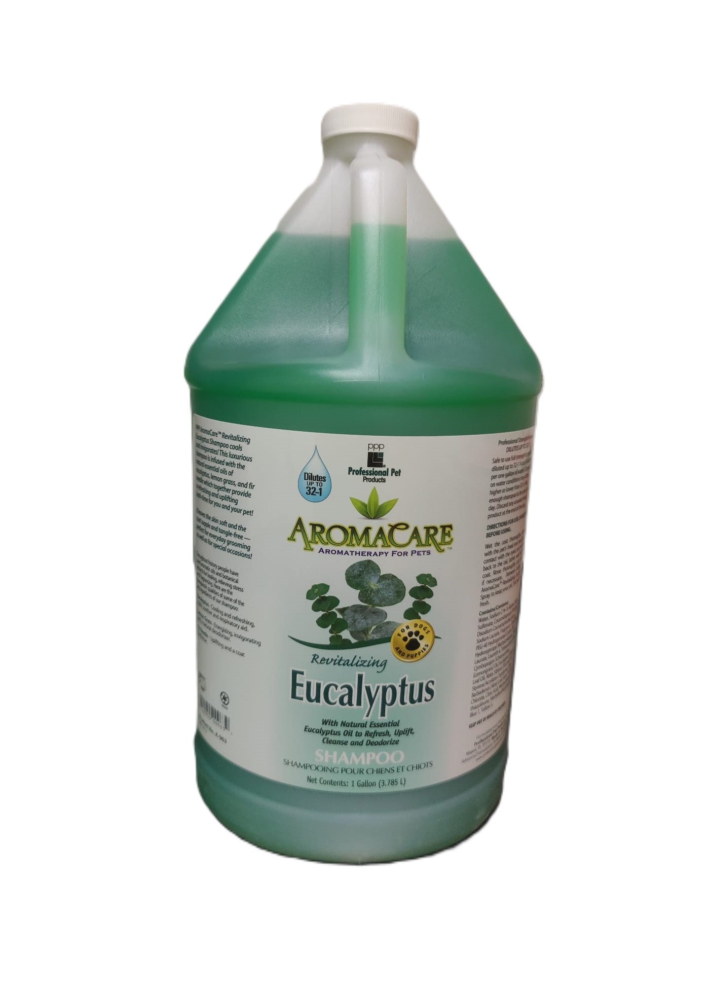 Green bottle of AromaCare Eucalyptus shampoo 1 Gal